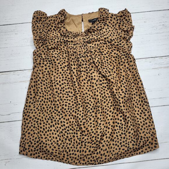 J. Crew Flutter Sleeve Cotton Silk Voile Top Leopard Dot Brown Ruffle Neck Small - Picture 3 of 8